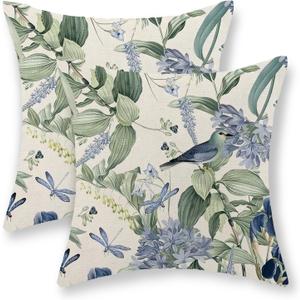 Chinoiserie Pillow Covers 18x18 Set of 2 Blue Green Floral Bird Pillow Cases Vintage Flower Seasonal Outdoor Throw Pillows Linen Farmhouse Chinoiserie Decorative Cushion Case for Couch Sofa