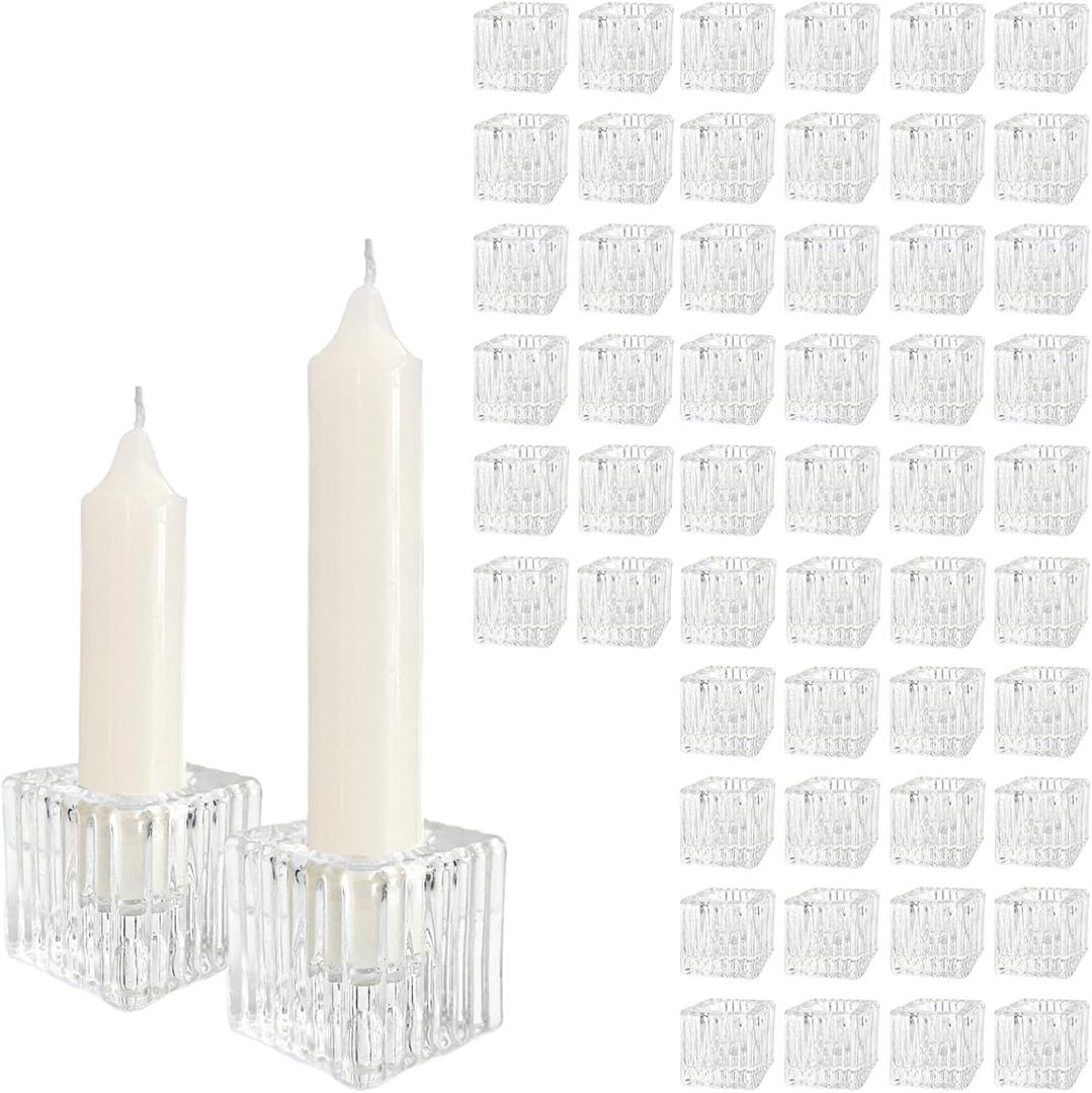 48 Pack Square Vertical Stripe Glass Candle Holders Set 1.57" Vintage Taper Candle Holder Clear Cube Tapered Candlestick Holders Bulk for Wedding Dining Table Decoration Party Christmas Celebration