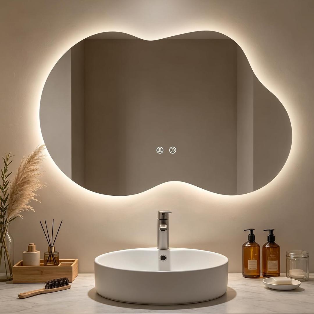 36"x24" Irregular LED Bathroom Mirror with Lights, Asymmetrical Backlit Vanity Mirror for Powder Room or Makeup Area, Dimmable & Anti-Fog, Dual Mounting