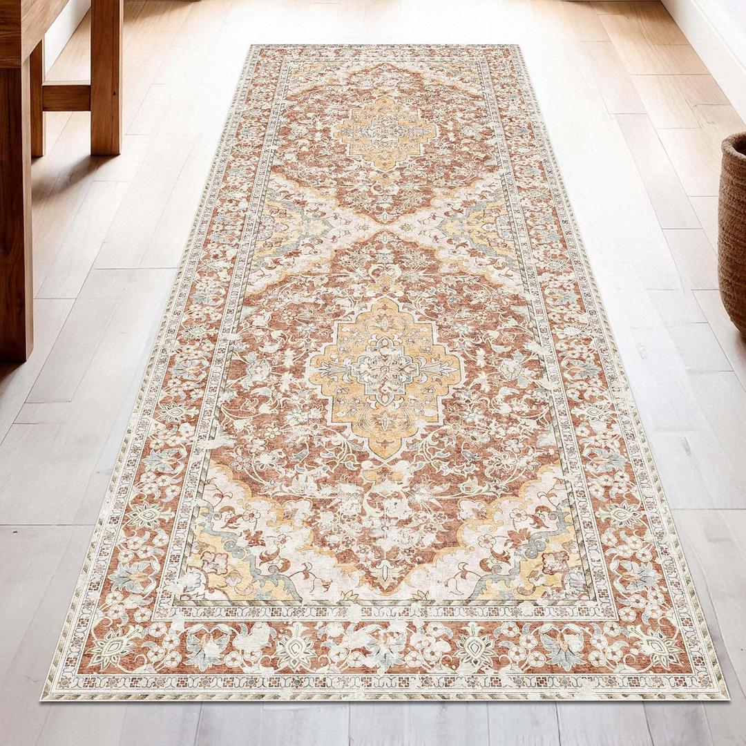 Washable Runner Rug 2.5x8 | Non Slip Rug Runners for Hallways, Entryways, Kitchens, Bathrooms, Bedrooms | Ultra-Soft Flannel Carpet Runners with Rubber Backing (Brick Red, 2.5x8)