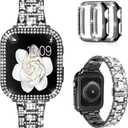 Mosonio Compatible with Apple Watch Band 44mm with Case Women, Bling Metal Wristband Strap with 2 Pack Bling PC Protective Cover for iWatch SE Series 6/ 5/ 4(44mm, Black)