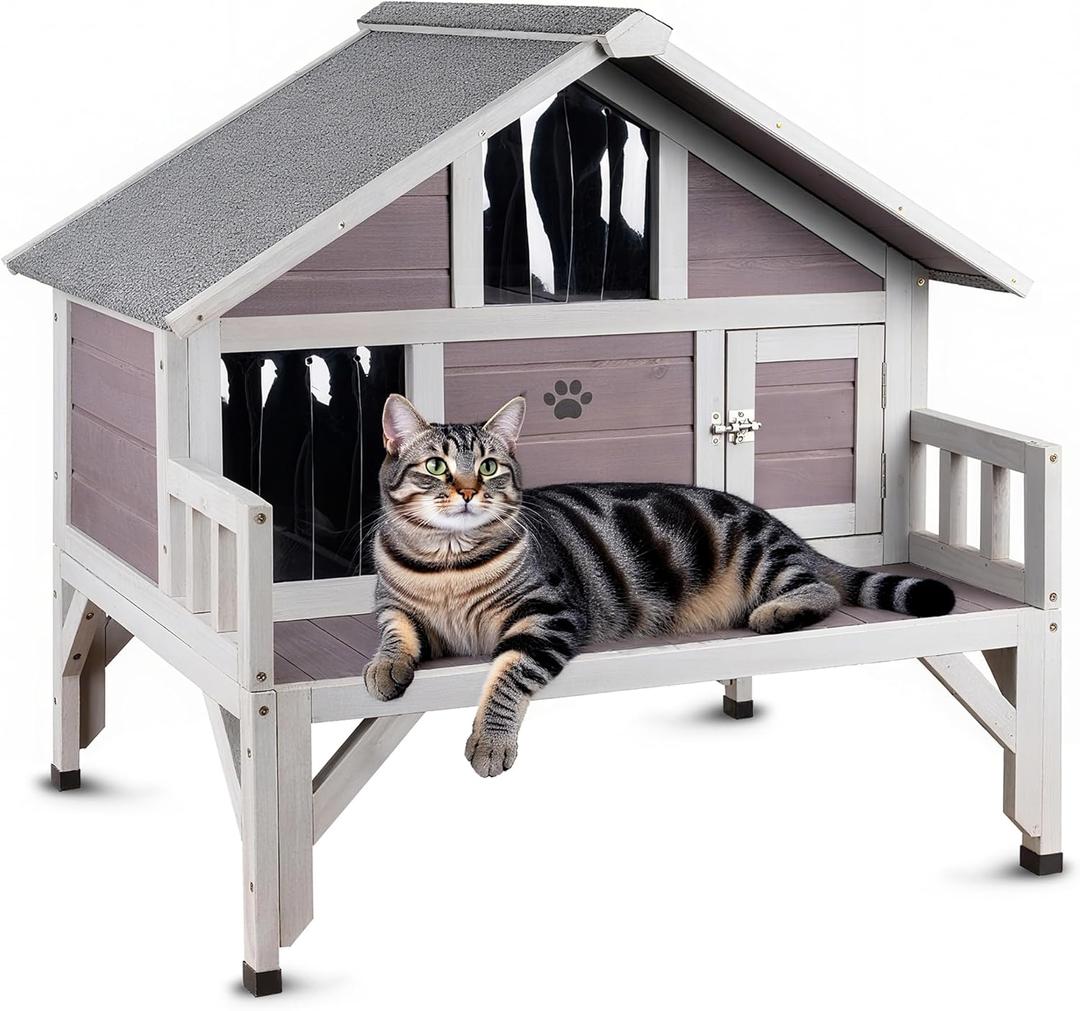 Outdoor Cat House Weatherproof with Balcony - Large Insulated Wooden Shelter for Multiple Cats, All-Weather Feral Cat Shelter for Winter