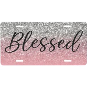 Christian Religious Blessed Pink Glitter Bling Blessed Front License Plate Cover Car Decor Accessory Aluminum Metal Rust-Proof Car Plate Novelty Vanity Tag Cover with 4 Holes Men Women 6 X 12 Inch