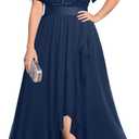 Pinup Fashion Plus Size Formal Dress - Evening Wedding Guest Cocktail Sequin Chiffon Long Dresses with Slit (Navy Blue) 20W