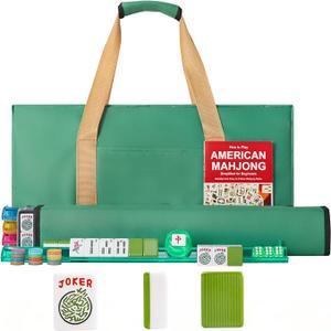 GUSTARIA American Mahjong Game Set, 166 Green Tiles, 4 All-in-One Color Rack/Pushers, Complete Mahjong Tile Set，Green Carrying Bag