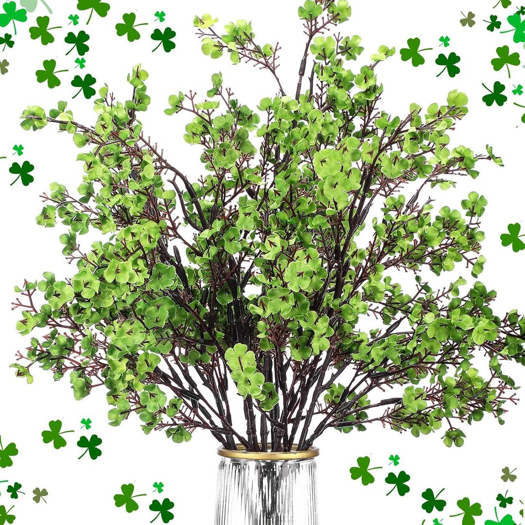 XunYee 24 Pcs St. Patrick's Day Decorations Irish Lucky Clover Shamrock Babys Breath Flowers 19.6" Green Artificial Gypsophila Bouquet Fake Silk Plants Flowers Bouquets for Spring Home Decor