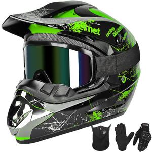 Youth Kids Motocross Helmet Full Face Motorcycle Dirt Bike Off-Road Mountain Bike BMX MX ATV Helmet with(Gloves Goggles Mask) 4Pcs Set - DOT Approved (Green, M)