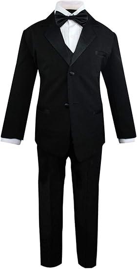 Luca Gabriel Toddler Boys 5 Piece Classic Fit Formal Suit Bowtie Set, Black, 14