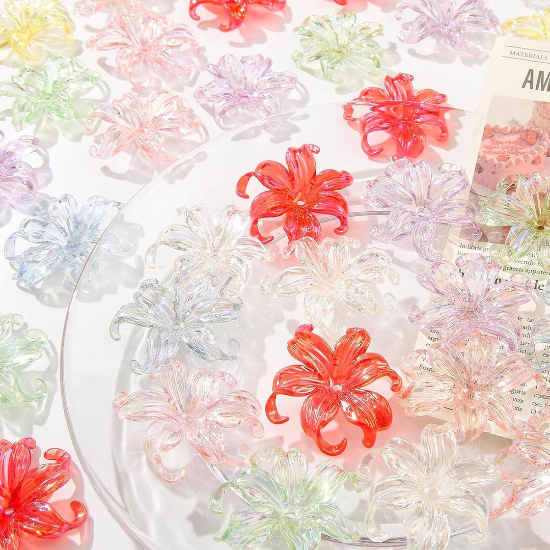 40pcs Flower Shape Beads Transparent Electroplate Flower Bead Color Lily Beads for DIY Crafts Bracelet Necklace Earrings Jewelry Making(Color)