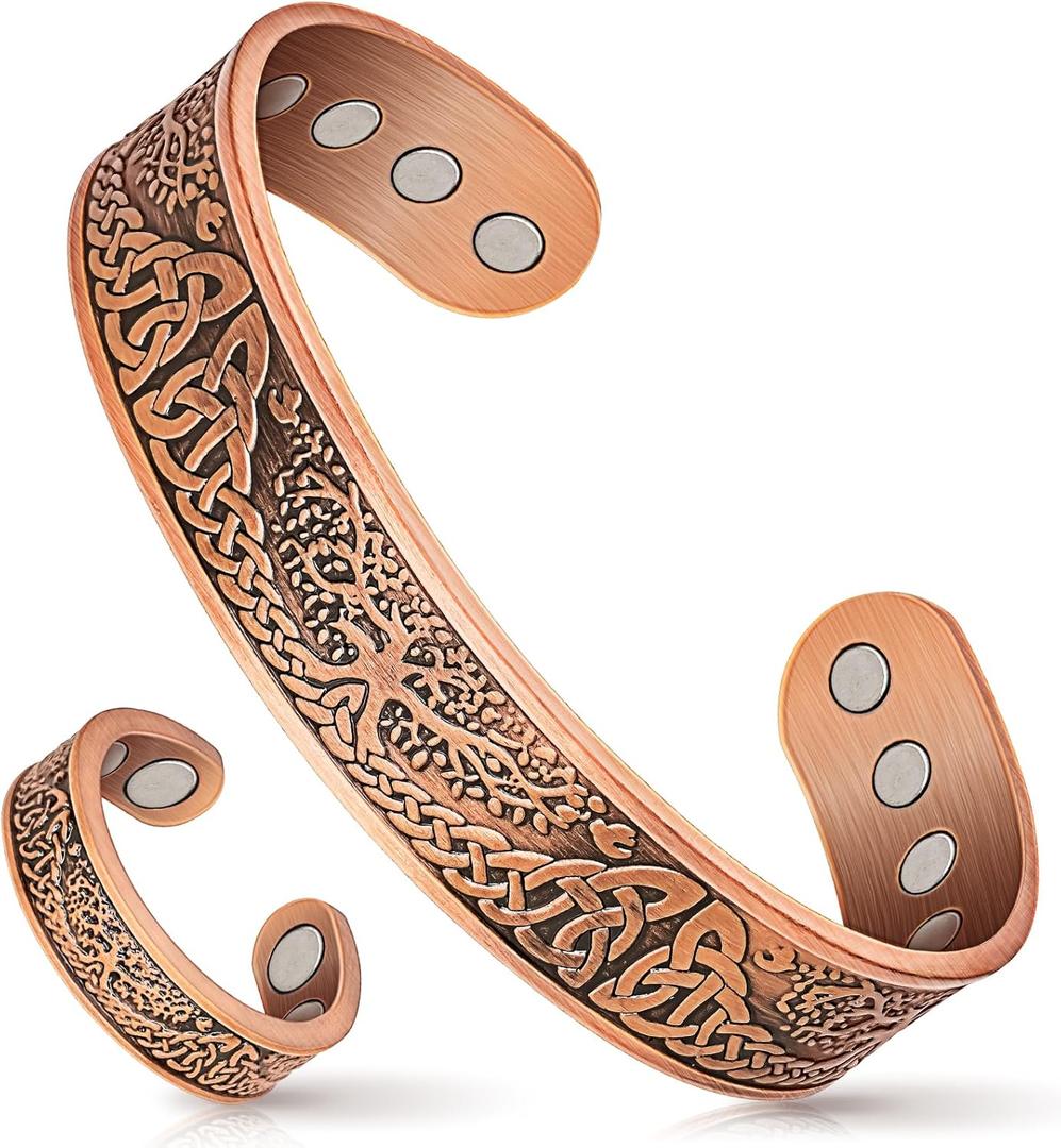 Mahnco Copper Bracelet for Men & Women,12X Strength Magnetic Bracelets & Lymphatic Drainage Ring for Men's, 100% Solid Pure Copper Jewelry Gift (Copper-Tree of Life)