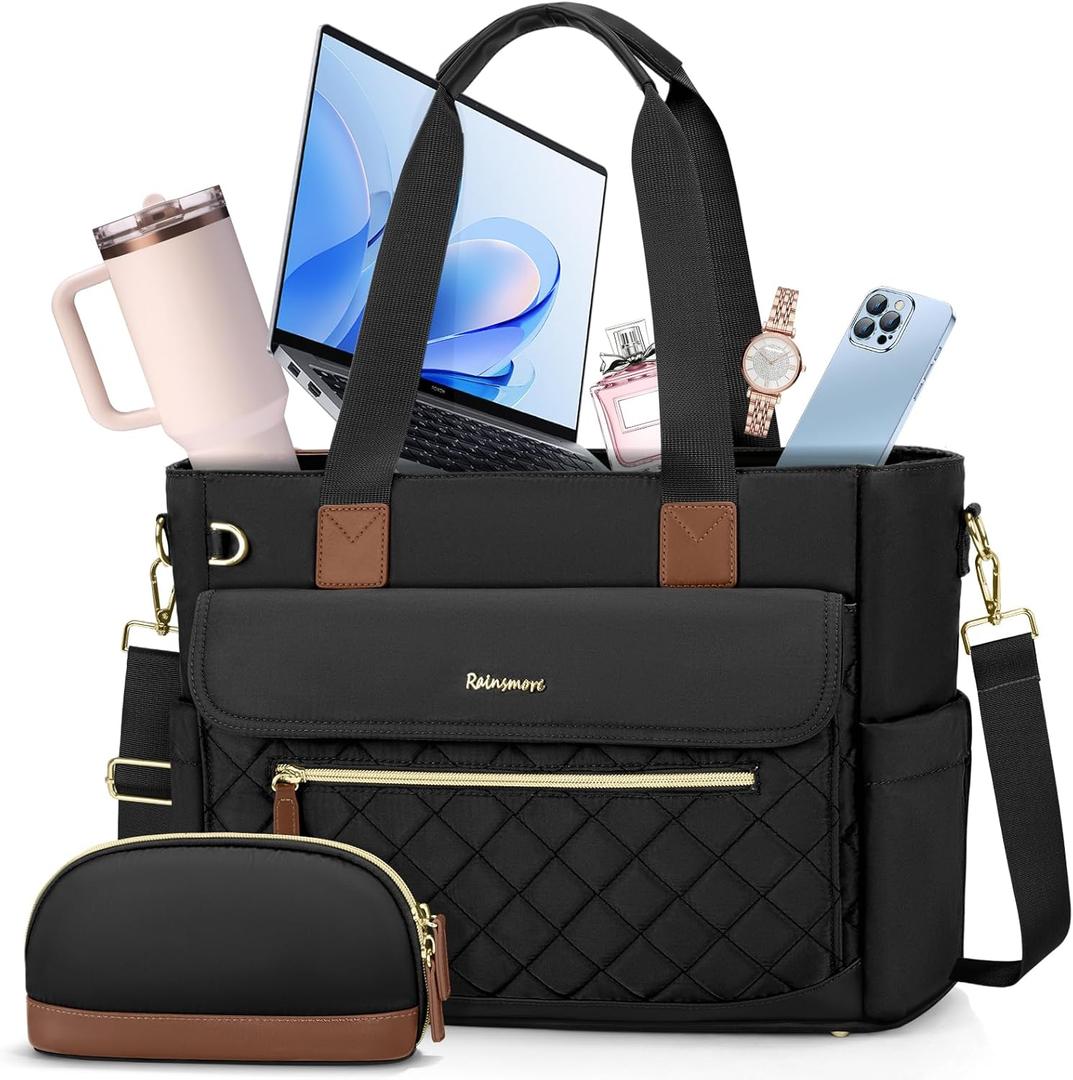 RAINSMORE Teacher Tote Bag 15.6 inch Laptop Bag for Women with Small Bag Work Bags Nurse Bag Professional Computer Briefcase (Black)