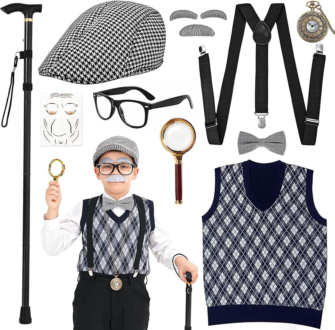 MGparty 100th Day of School Costume for Boys, Old Man Costume for Kids, Cosplay Grandpa Dress Up Accessories (5-7 Years)