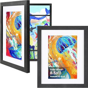 KINLINK 8.5x11 Kids Art Frames Set of 2, Solid Wood Kids Artwork Frames Changeable with Acrylic Front Opening Holds 150 Pictures, Art Frame for Kids Artwork with Mat or without Mat, Black Wood