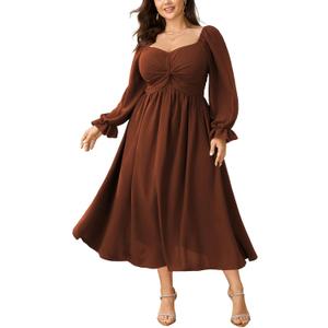 SCOMCHIC Women's Plus Size Wedding Guest Cocktail Dresses Fall Sweetheart Neckline Long Sleeve A Line Formal Maxi Dress (Orange, XL)
