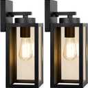 Outdoor Wall Light Fixtures, Exterior Waterproof Wall Lanterns, Porch Sconces Lighting with E26 Sockets & Glass Shades, Modern Matte Black Outside Lights for Patio Front Door Entryway Garage, 2-Pack, 12.8inch