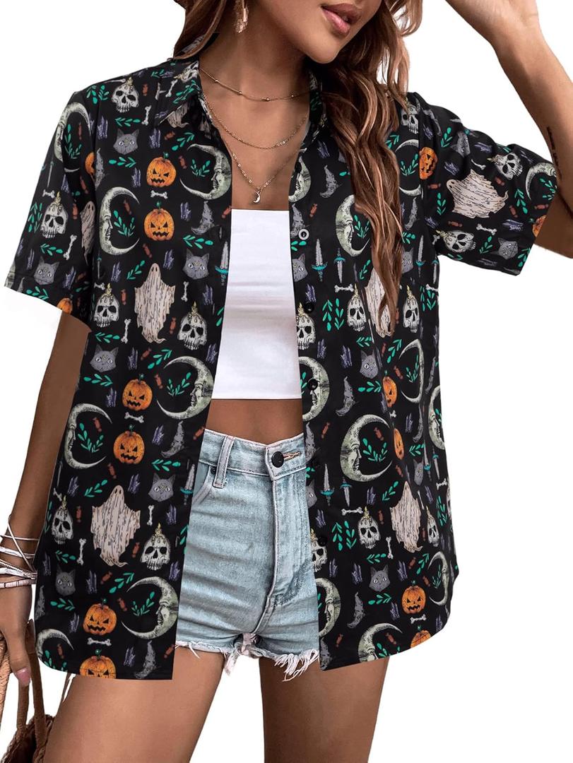Halloween Button Down Shirts for Women Pumpkin Skull Print Blouses Hocus Pocus Hawaiian Holiday Short Sleeve Tops (Black, M)