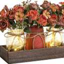 DUOER 3 Pcs Mason Jar Centerpiece Table Decorations for Dining Table Decor Farmhouse Coffee Table Decor with Wood Tray and Led Light Table Centerpieces for Dining room Kitchen Living Bathroom,Orange