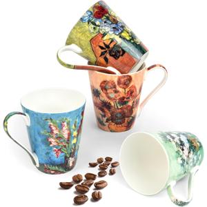 Coffee Mug Sets of 4, 12oz Bone China Porcelain Cups with Art Print Large Handle Dishwasher Microwave safe for Tea Cocoa or Hot Chocolate