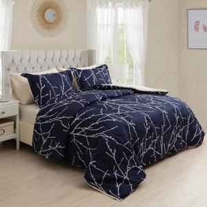 Marina Decoration Ultra Soft Luxury Fluffy Goose Down Alternative Bed in a Bag Rich Printed 7 Piece Comforter Set Includes 4 Piece Sheet Set, Modern Navy Blue Branches Pattern King Size
