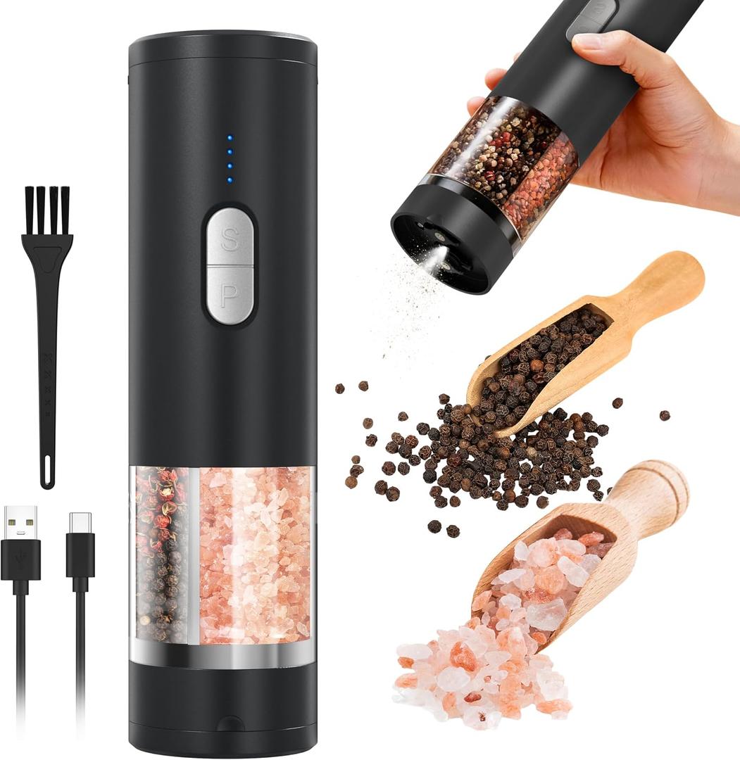2 in 1 Electric Salt and Pepper Grinder Set (USB Rechargeable), Automatic Salt and Pepper Mill with LED Lighting, One-Handed Operation Adjustable Coarseness - Perfect for Kitchen, BBQ Gifts (Black)