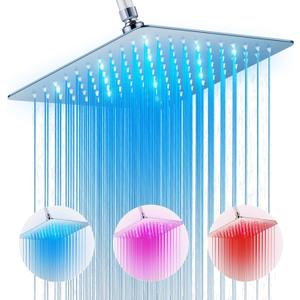 High Pressure 10 Rain Shower Head with LED, Chrome Square Anti-Clogging Fixed Shower Head, 360Adjustable Brass Ball Joint & Auto-Color Changing Technology