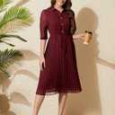 Women V Neck 3/4 Sleeve Pleated A-Line Dress with Belt Swing Midi Dresses for Spring Summer Autumn (L)