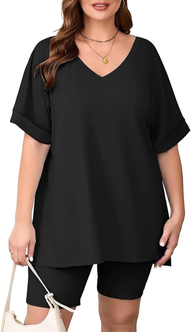 AusLook Women's Plus Size 2 Piece Short Outfits Set Short Sleeve Tops and Shorts Pants Lounge Jogging outfits Matching Set (Black), 4X