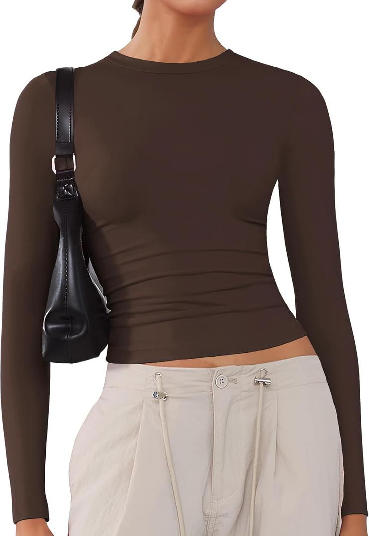 Women's Soft Long Sleeve Shirts Crew Neck Tops Basic Tees Stretchy Going Out Crop Tops Y2K Slim Fit T-Shirts (Brown, XL)
