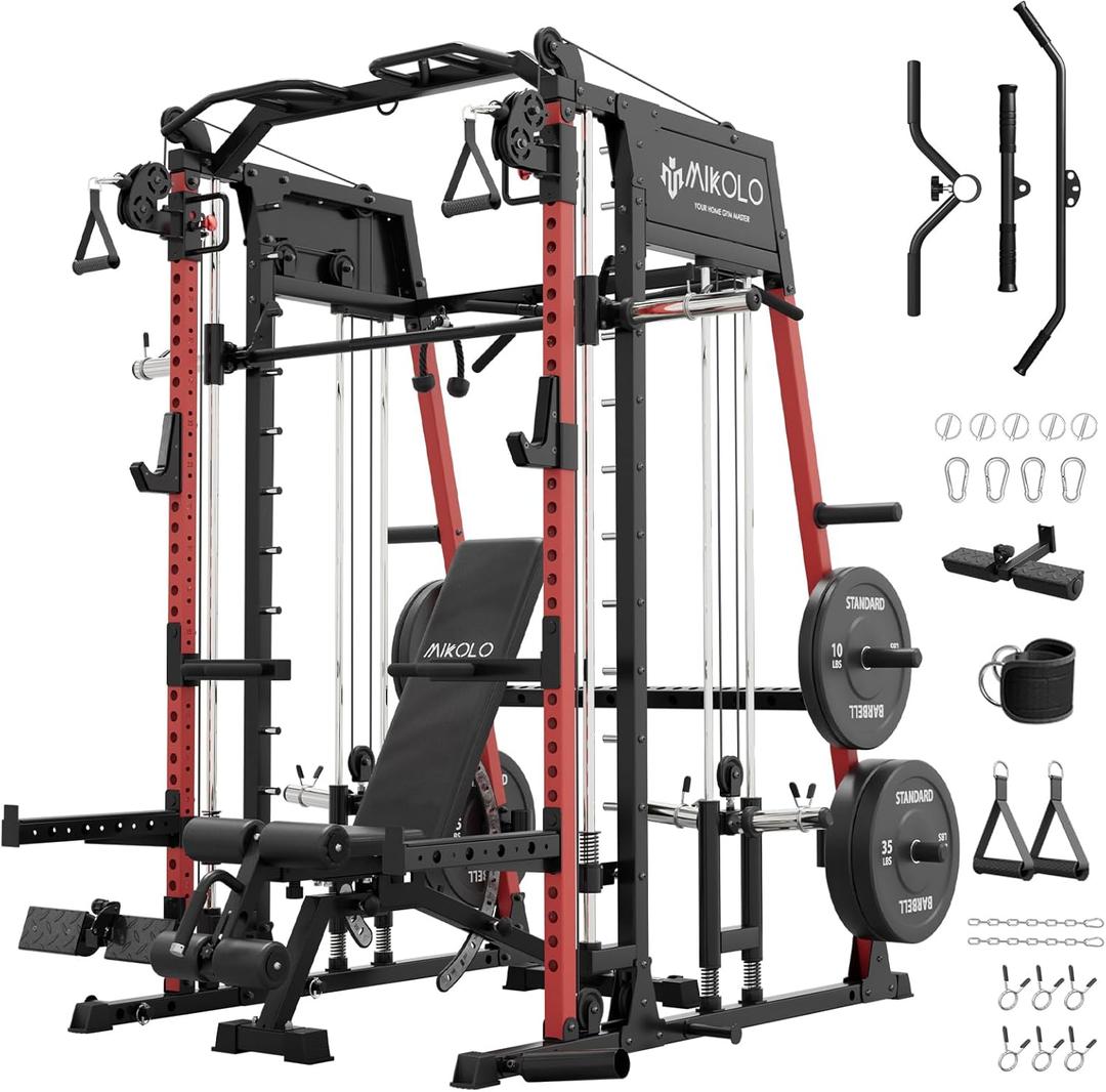 Mikolo M4 2.0 Smith Machine, 2200lbs Squat Rack with LAT-Pull Down System & Cable Crossover Machine, Training Equipment with Leg Hold-Down Attachment (Red)