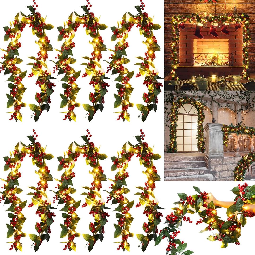 6 Pcs Christmas Garland with 30 LED Lights 36 ft Berry Artificial Garland Warm LED Christmas Decorations Xmas Green Table Decor for Indoor Outdoor Fireplace Stairs Mantel Door Holiday