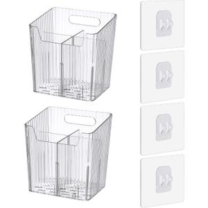 Set Of 2 Storage Organizer Bins Wall Mounted Shower Caddy, Bathroom shelves Stackable Clear Plastic Toothbrush Holder Adhesive Hanging Bin for Bathroom, Kitchen, Cabinet, Shower BPA Free Small (Clear)