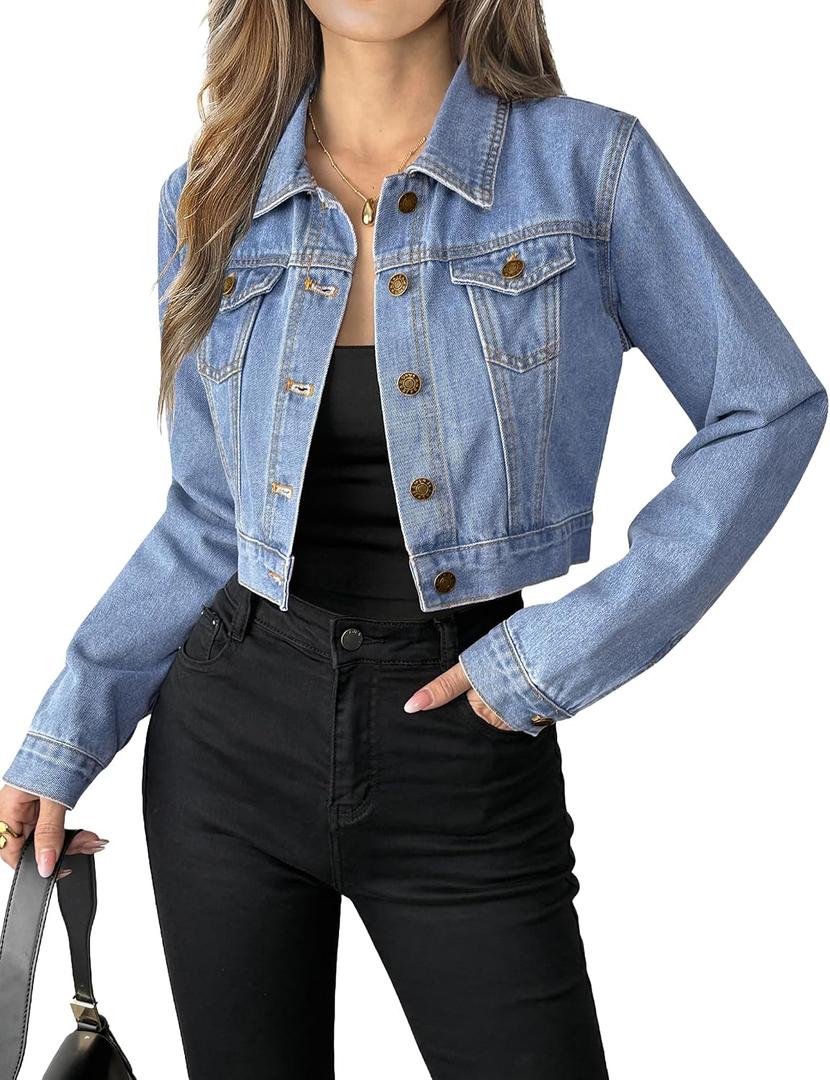 Women's Button Down Long Sleeve Cropped Denim Jean Jacket with Pockets (Blue, XXL)