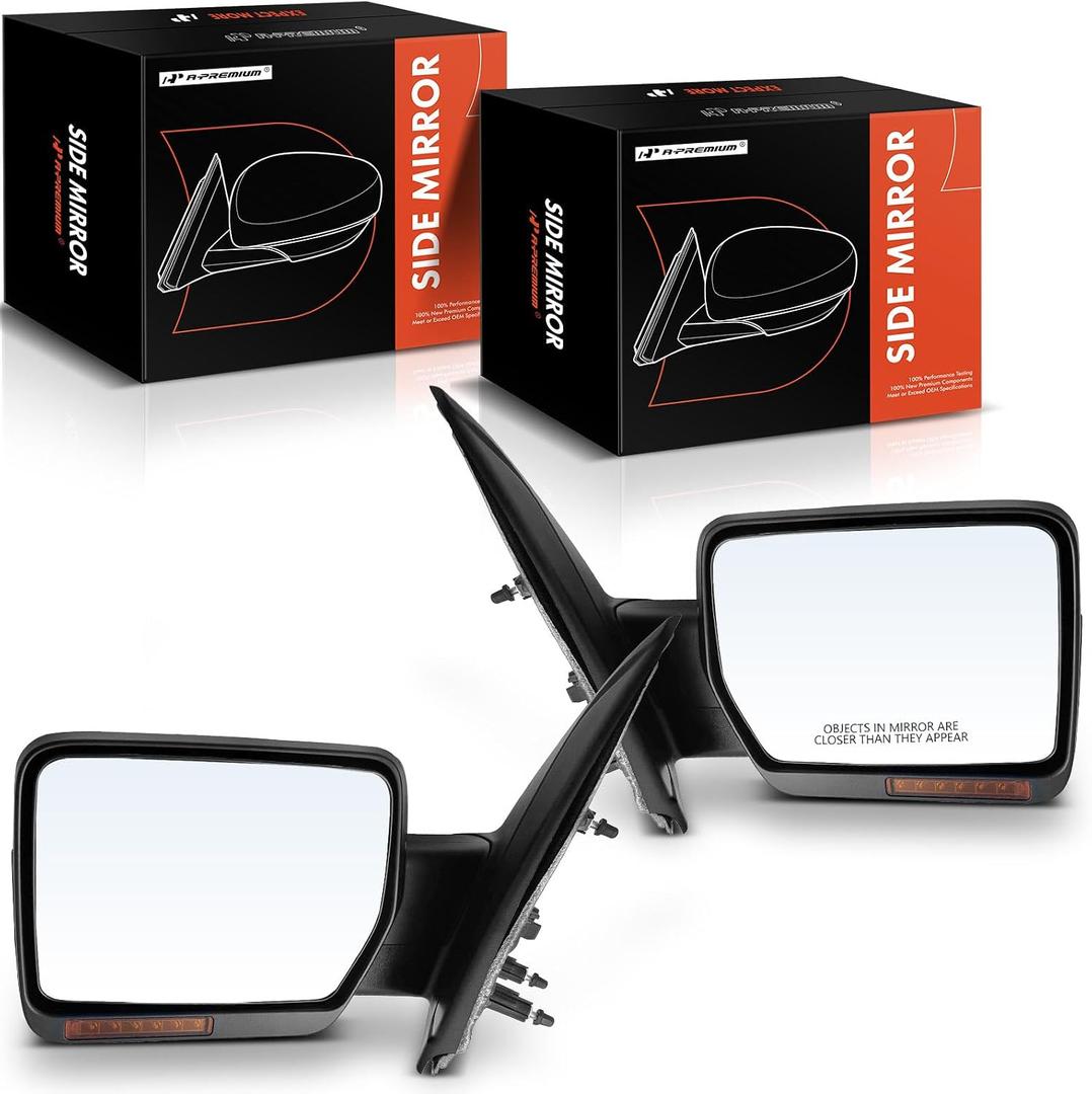 A-Premium Pair (2) Driver and Passenger Side Power Door Mirror | Compatible with Ford F-150 F150 2009-2010 - Heated Manual Folding Smooth Black Outside Rear View Mirror w/Turn Signal