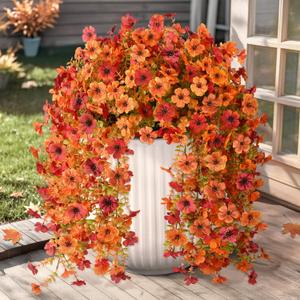 Artificial Fall Fake Flowers for Outdoor, 2 Pcs Faux Hanging Flowers Outdoor Fall Decor, UV Resistant No Fade Fake Mums Silk Flower for Front Door Porch Planters Patio Yard Garden(Orange Autumn Red)