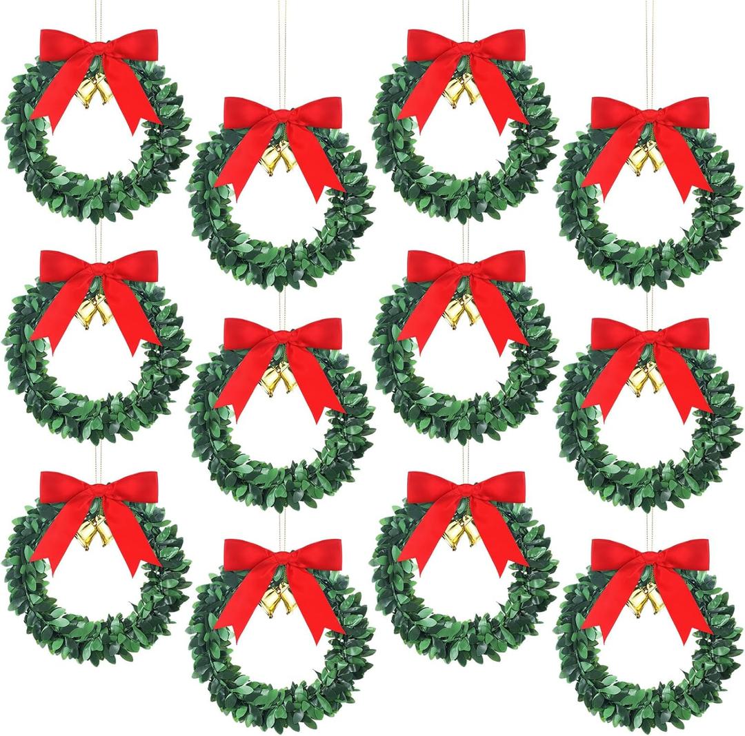 Syhood 12 Pcs Mini Christmas Wreaths with Gold Bells Small Kitchen Xmas Decor Christmas Pine Cabinet Wreaths for Window Door Holiday Indoor Home Decor(Red Bow,5.9 Inch)