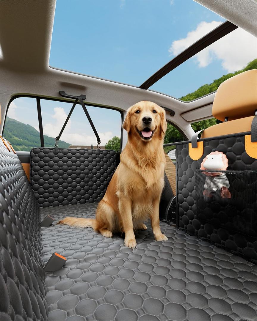 Dog Car Seat Cover for Back Seat, Hard Bottom Back Seat Extender for Dogs, Waterproof Dog Hammock for Truck Support to 400lbs, Car Seat Protector for Cars, Trucks, SUV, Jeep (Universal-Oxford-Orange)