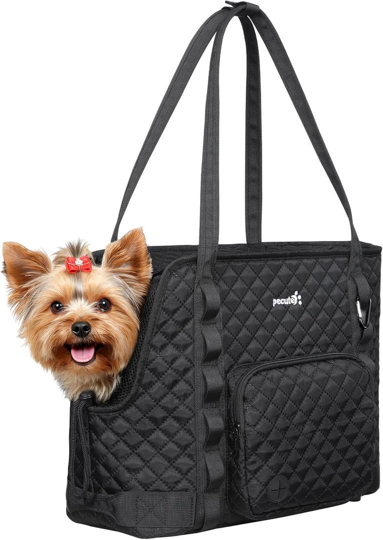 Pecute Dog Purse Carrier, Dog Carrier with Pockets for Small Dogs, Fits Dogs 5 lbs to 9 lbs, Cat and Puppies Tote Bag, Outing, Travel, Vet, Black (15.2"L x 7.4"W x 11.7"H)