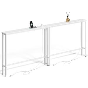 ELYKEN 2 Pack 5.9" Narrow Console Sofa Table with Power Outlets, 5.9" Dx39.4 Wx31.1 H Long Couch Table with Metal Frame and Charge Station with 6.5 Extension Cord, White (5.9"D x 78.8"W x 31.1"H)