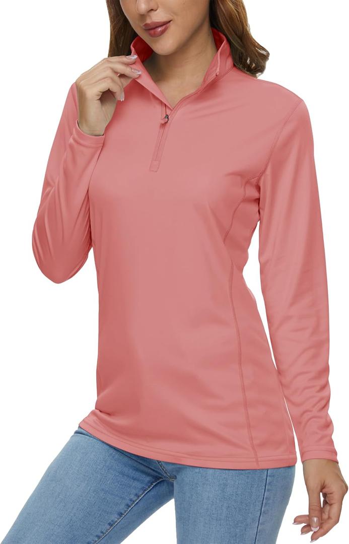 MAGCOMSEN Women's Shirts Long Sleeve 1/4 Zip UPF50+ UV Sun Protection Quick Dry Workout Hiking Athletic Shirts Rash Guard (Pink, S)
