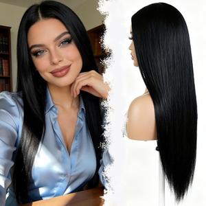 Layered Black Wig Long Straight Black Wigs for Women 26Inch Middle Parting Brunette Wig Natural Looking Synthetic Wigs Thick Soft Long Black Wig Hair Replacement Wigs for Daily Party Costume Use