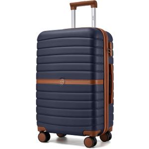 Kono Expandable 24 Inch Luggage with Spinner Wheels, Medium Checked Luggage with Lock, Lightweight & Anti-Scratch PC+ABS Hardshell Travel Suitcase, Navy/Brown