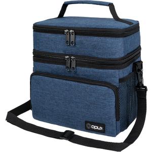 opux Insulated Lunch Bag for Men Women, Large Dual Compartment Cooler Bag, Soft Two Deck Lunch Box for Work School Picnic, Leakproof Lunch Tote with Shoulder Strap for Kid Adult (Navy, Double Deck)