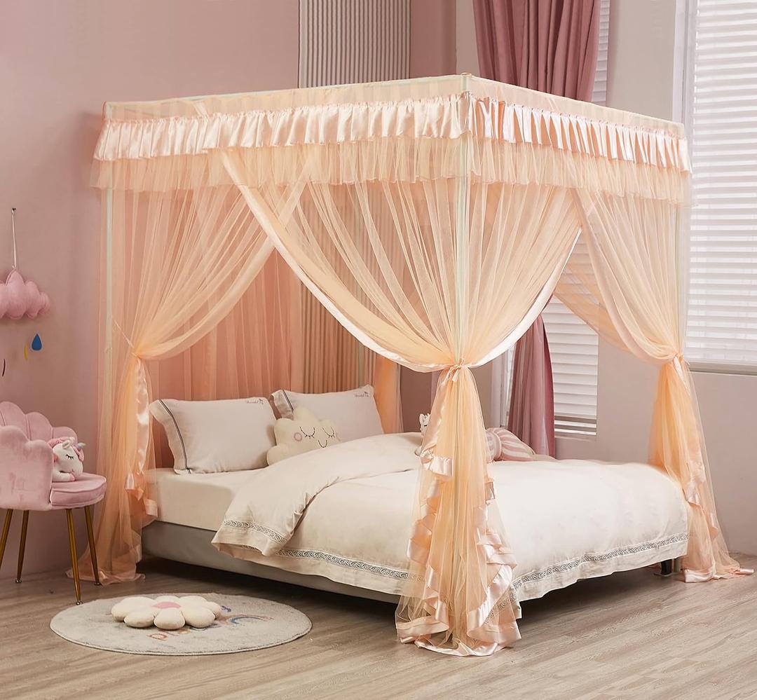 Mengersi Canopy Bed Curtains - Bed Canopy Royal Luxurious Cozy Drapes Netting- Elegant Bedroom Decoration Accessories for Adults(Queen,Peach)