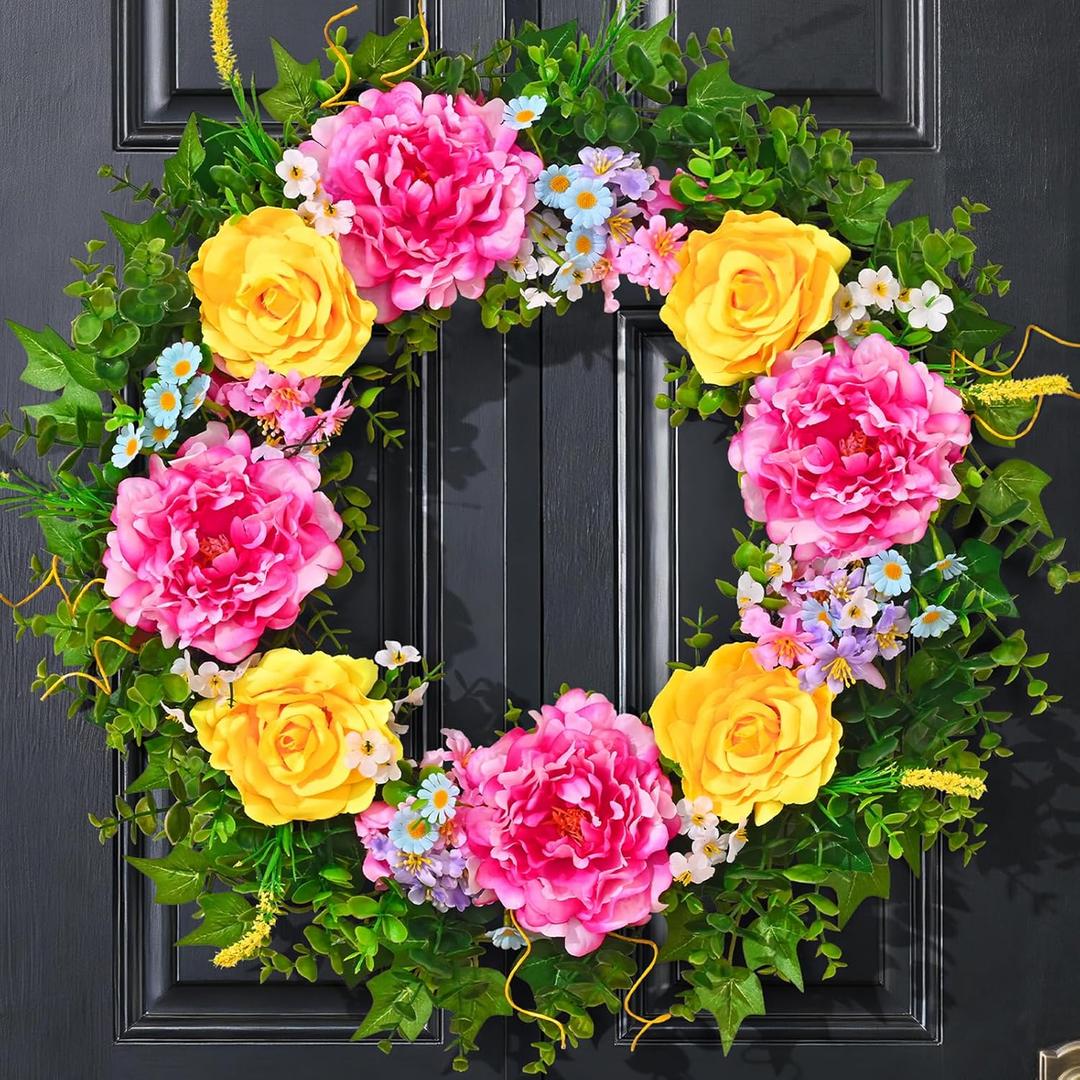 Livole Spring Wreaths for Front Door 24 Inch Large Spring Summer Door Wreath with Sash, Artificial Flower Wreath with Peony Rose Daisy for Indoor Outdoor Home Wall Farmhouse Patio Porch Window Decor