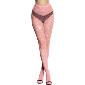 Fishnet Stockings for Women Sparkly Rhinestone Fishnet Tights Glitter Fish Nets (Medium-X-Large, Pink-mini Grid)