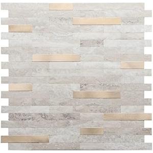 STICKGOO Peel and Stick Backsplash, PVC Wall Tiles Stick on Backsplash for Kitchen(4 Sheets, Beige with Metal Gold)