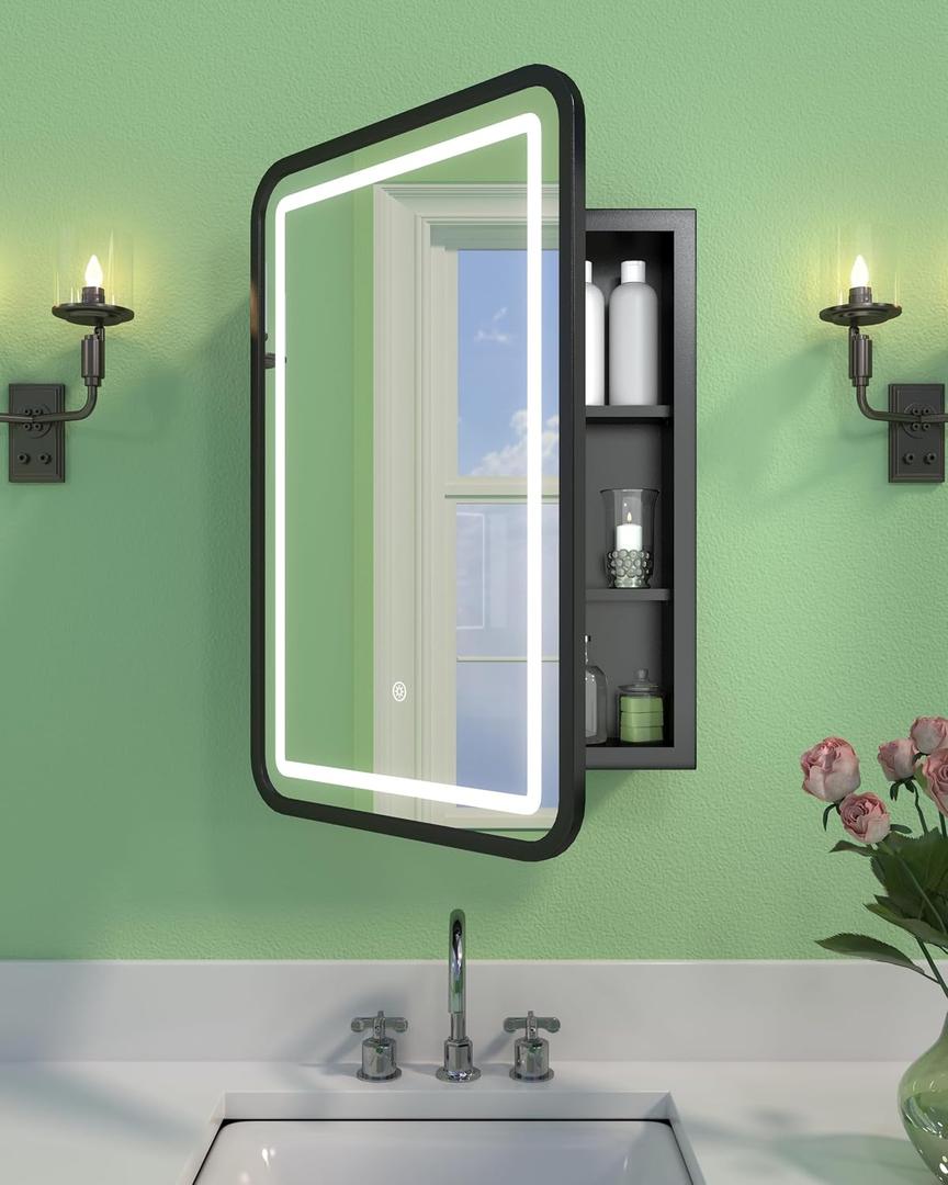 16x24 Inch LED Medicine Cabinet Mirror for Bathroom, Wall Mounted or Recessed Medicine Cabinet with Lights and Mirror, Full Metal, Stable & Removable 2 Shelves, Dimmable 3 Lighting Colors, Black