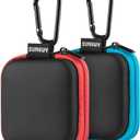 SUNGUY [2-Pack Earbud Case, Portable Square Earphone Carrying Cases with 2 Carabiners for Earphones, Earbuds, Earpieces, SD Memory Card, Camera Chips - Red+ Blue