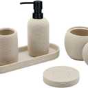 Beige Resin Bathroom Accessory Set, 5 Pcs Bathroom Accessories Set with Lotion Dispenser,Soap Dish,Toothbrush Holder,Vanity Tray,Qtip Holder Dispenser, Modern Bathroom Decor and Housewarming Gift Set