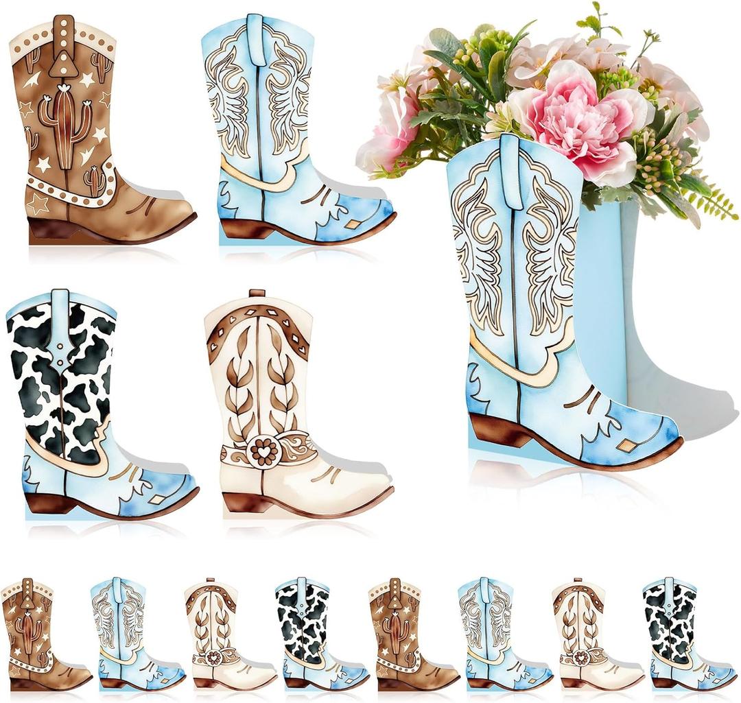 12 Set Western Boots Flower Boxes Centerpiece Boot Shape Gift Boxes Party Decoration Vase Centerpieces for Tables Boots Rodeo Birthday Baby Shower Supplies(Western Blue,Cow)